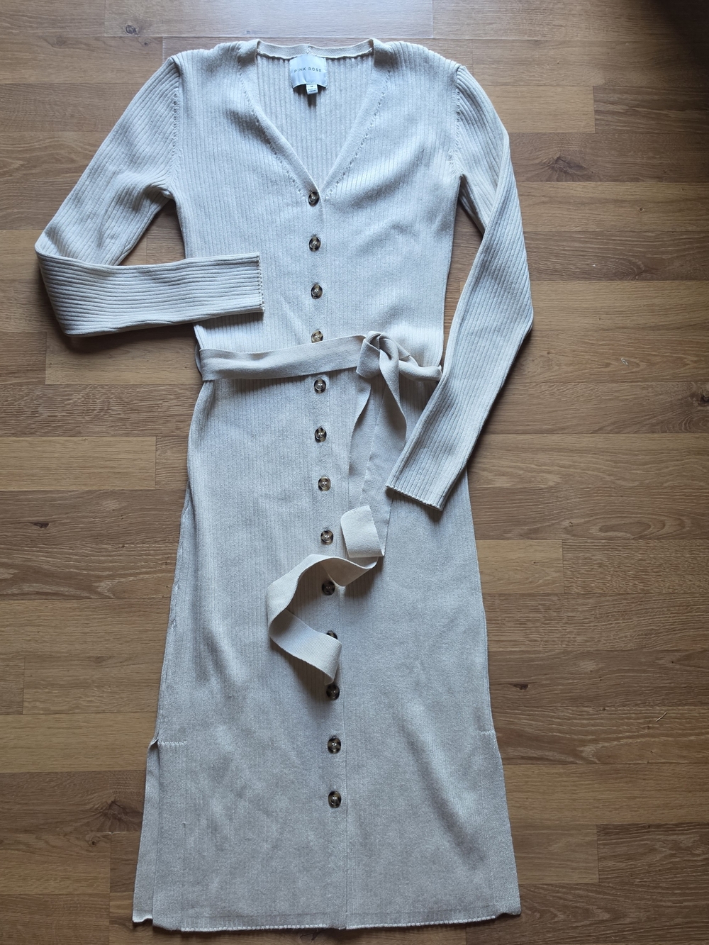 Ribbed Button-Front Belted Dress - Cream